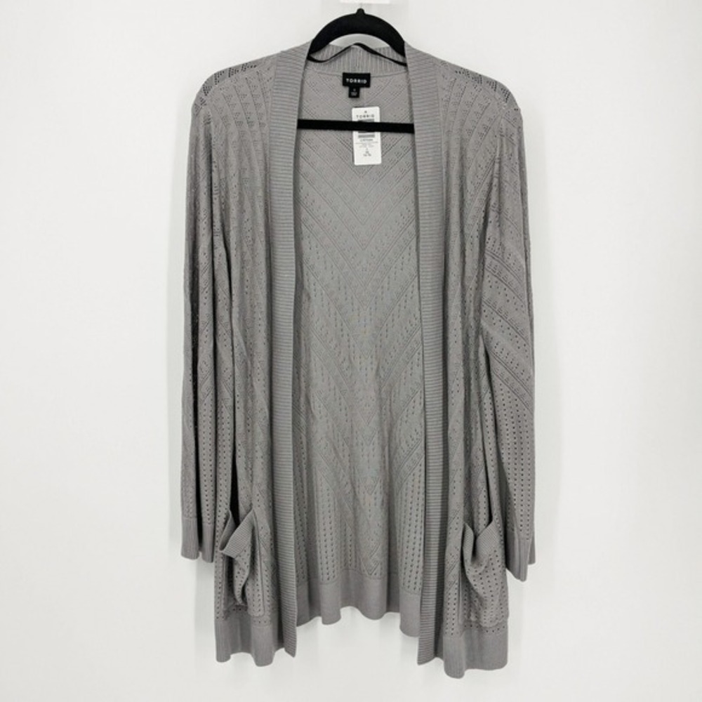 Torrid Pointelle Cardigan Long Sleeve Open Front Sweater Formal Gray‎ Womens 1X